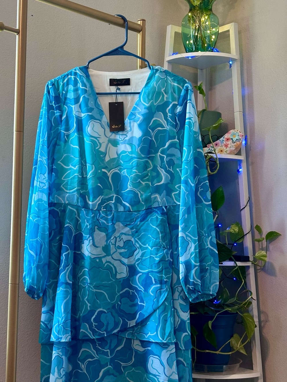 Blue Floral V-Neck Women's Dress